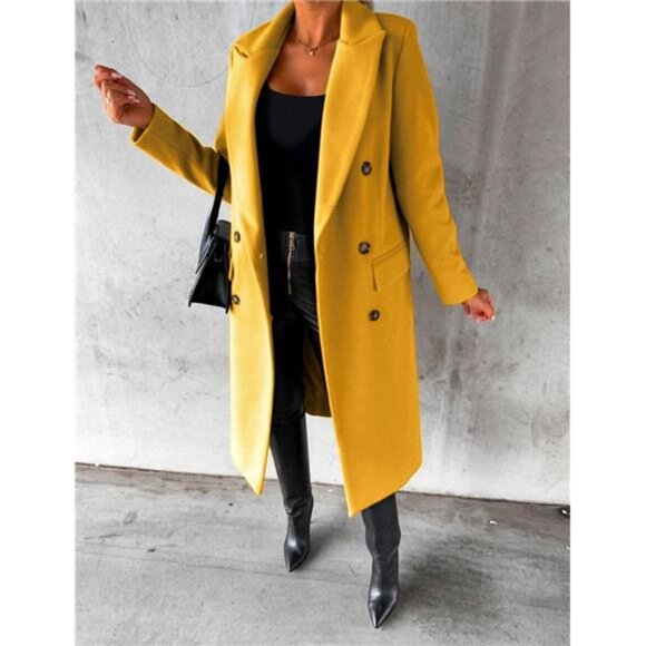 Womens Long Wool Coat Double Breasted Trench Coat Yellow - Picture 2 of 4